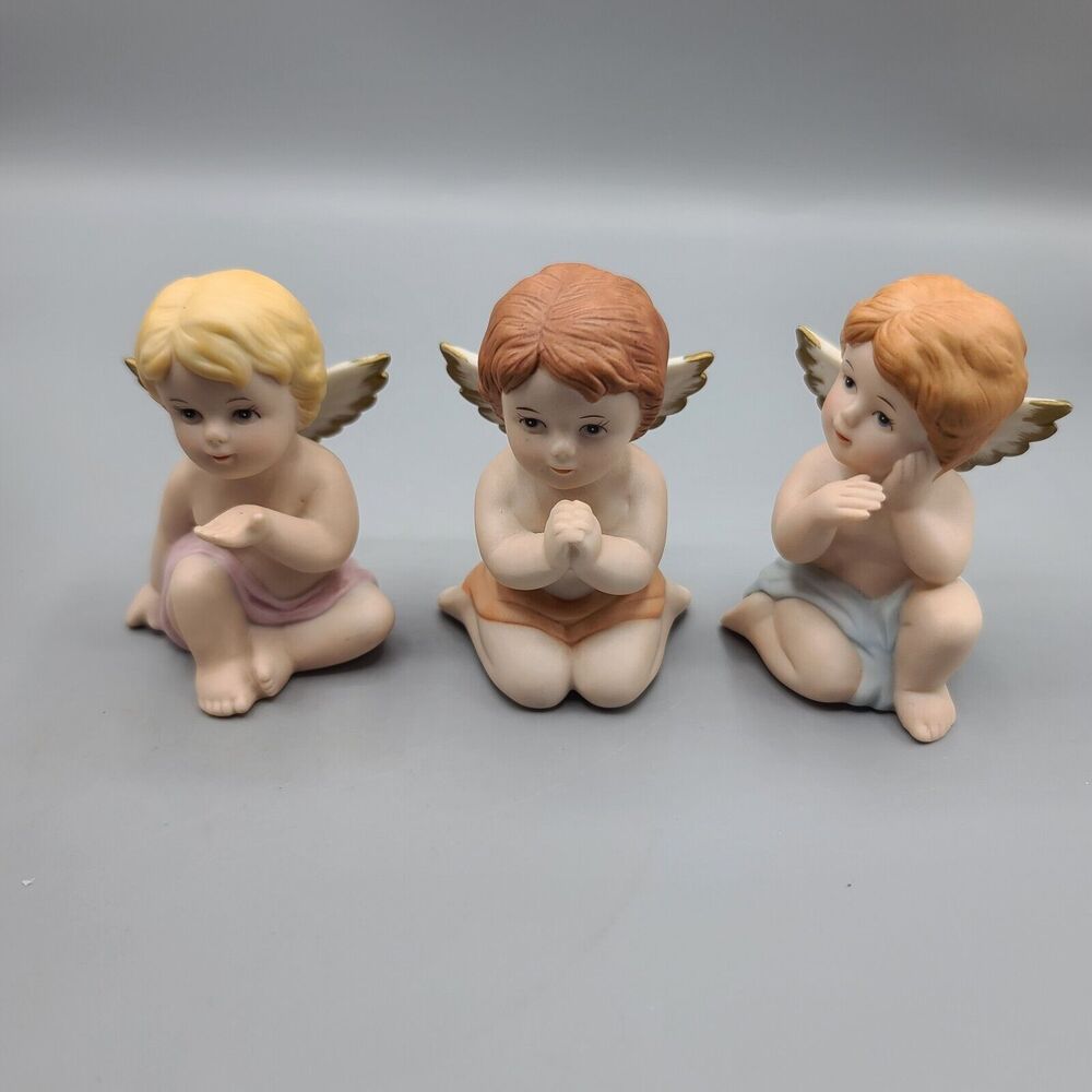 Homco Set of Three Kneeling Porcelain Baby Angels # 1430